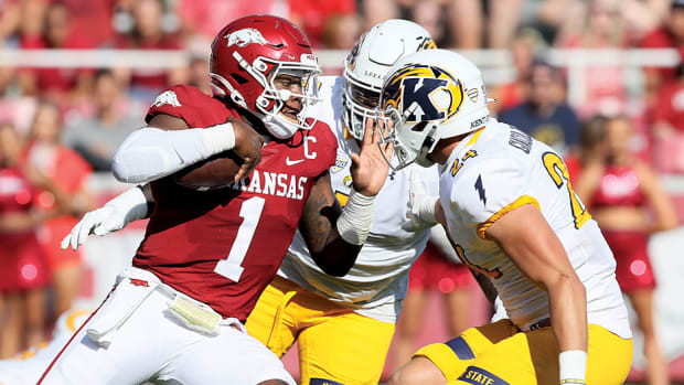 Arkansas Razorbacks quarterback KJ Jefferson rushes in the third quarter against the Kent State Golden Flashes at Donald W. Reynolds Razorback Stadium. Arkansas won 28-6.